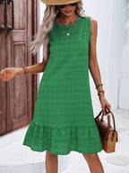 Textured Stripe Crew Neck Ruffle Hem Sleeveless Casual Sundress