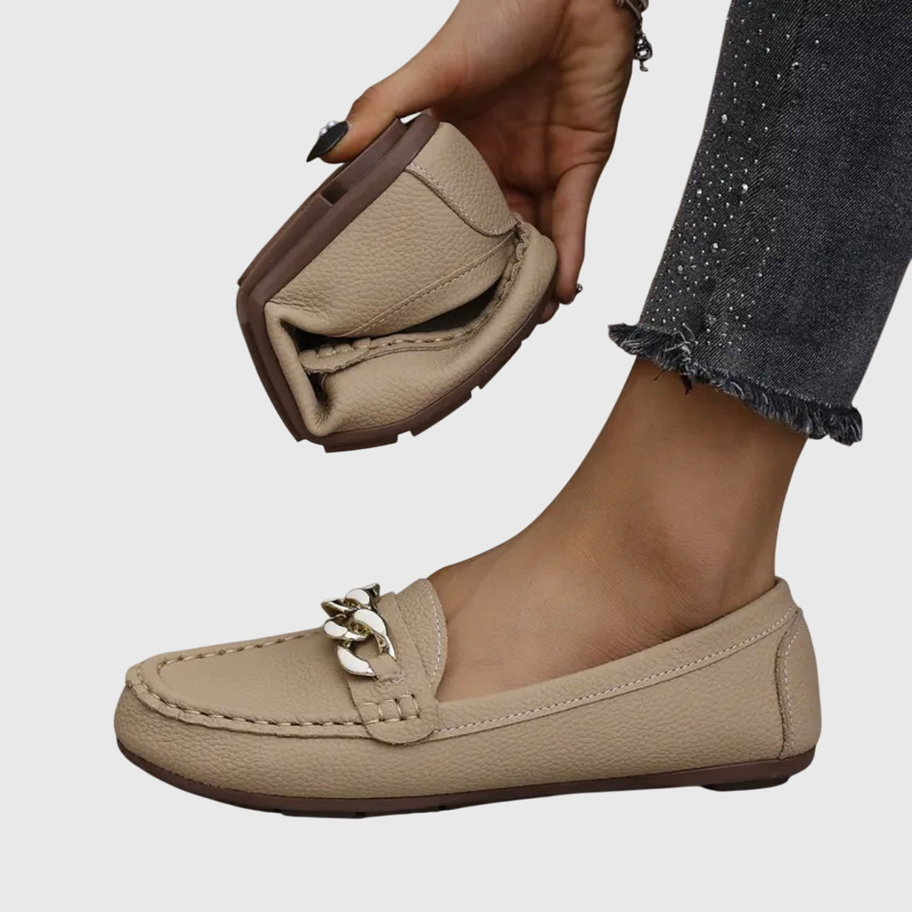 Crystal Chain Embellished Pebbled Leather Slip-On Loafer