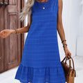Textured Stripe Crew Neck Ruffle Hem Sleeveless Casual Sundress