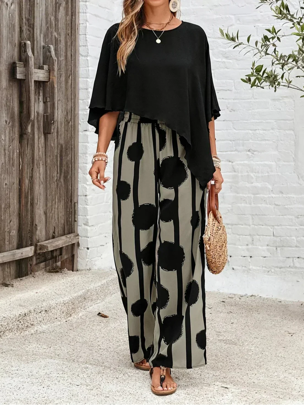 Abstract Print Wide Leg Trouser Batwing Top Two Piece Set