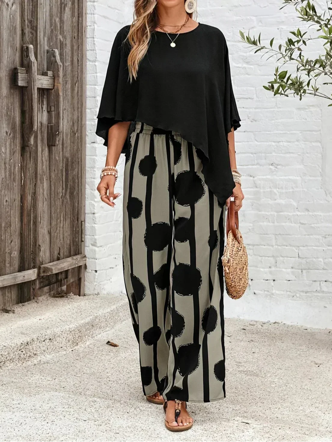 Abstract Print Wide Leg Trouser Batwing Top Two Piece Set
