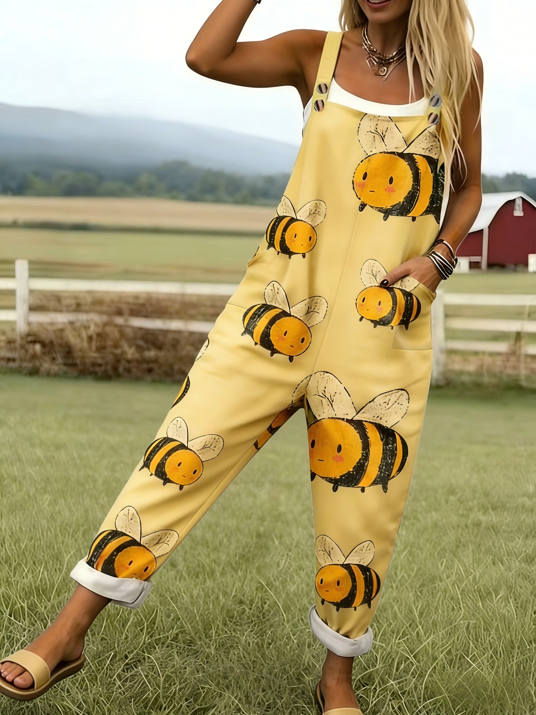 Oversized Bee Print Adjustable Strap Roll Cuff Casual Jumpsuit
