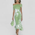Floral Off Shoulder Twist Ruched Bodycon Midi Dress - Wedding Guest