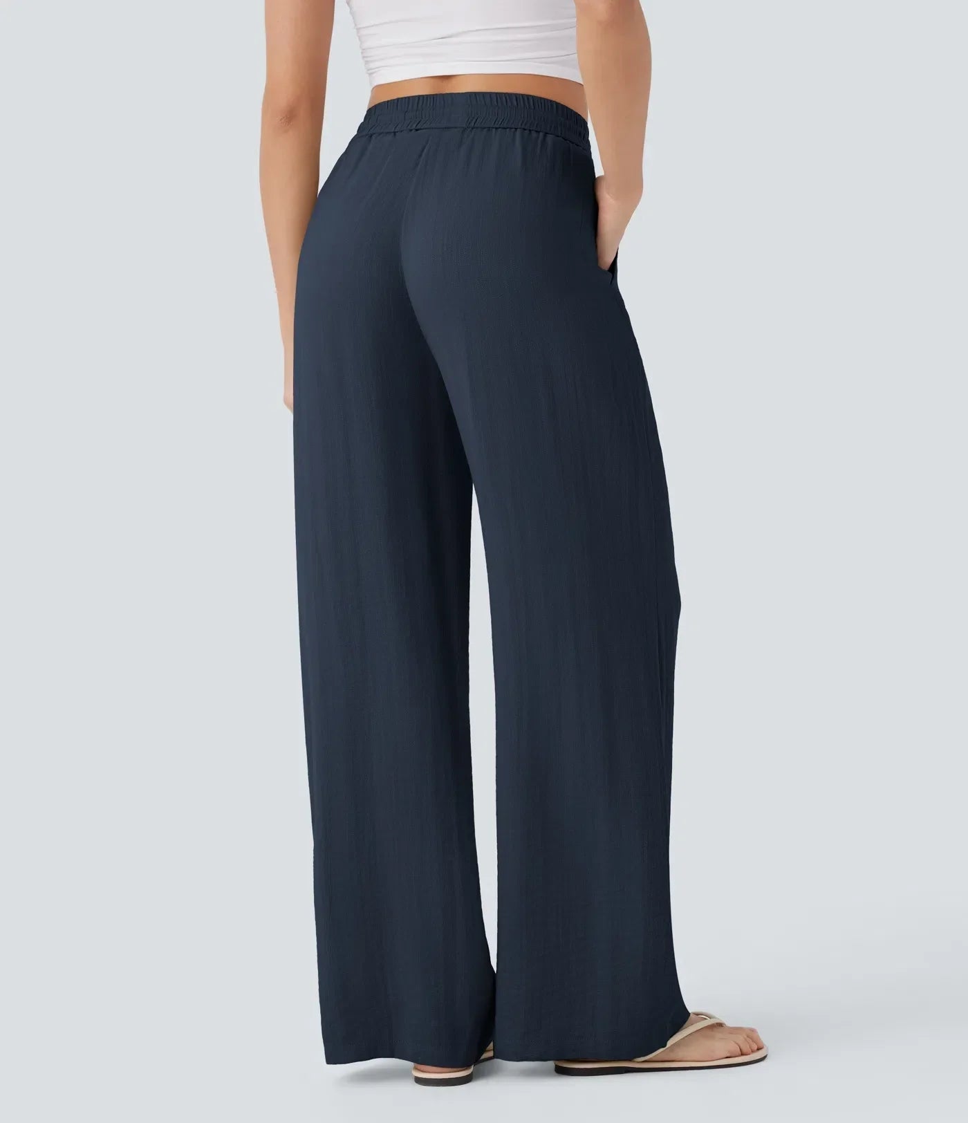 Smocked High Waist Drawstring Wide Leg Linen Pant