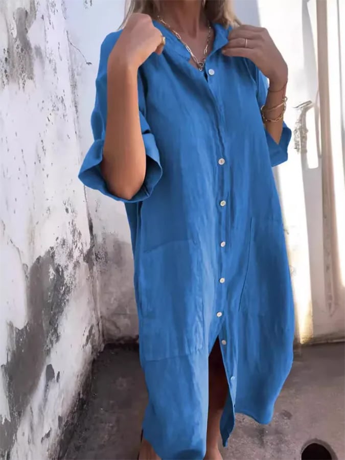 Linen Oversized Button Down Pocket Casual Shirt Dress