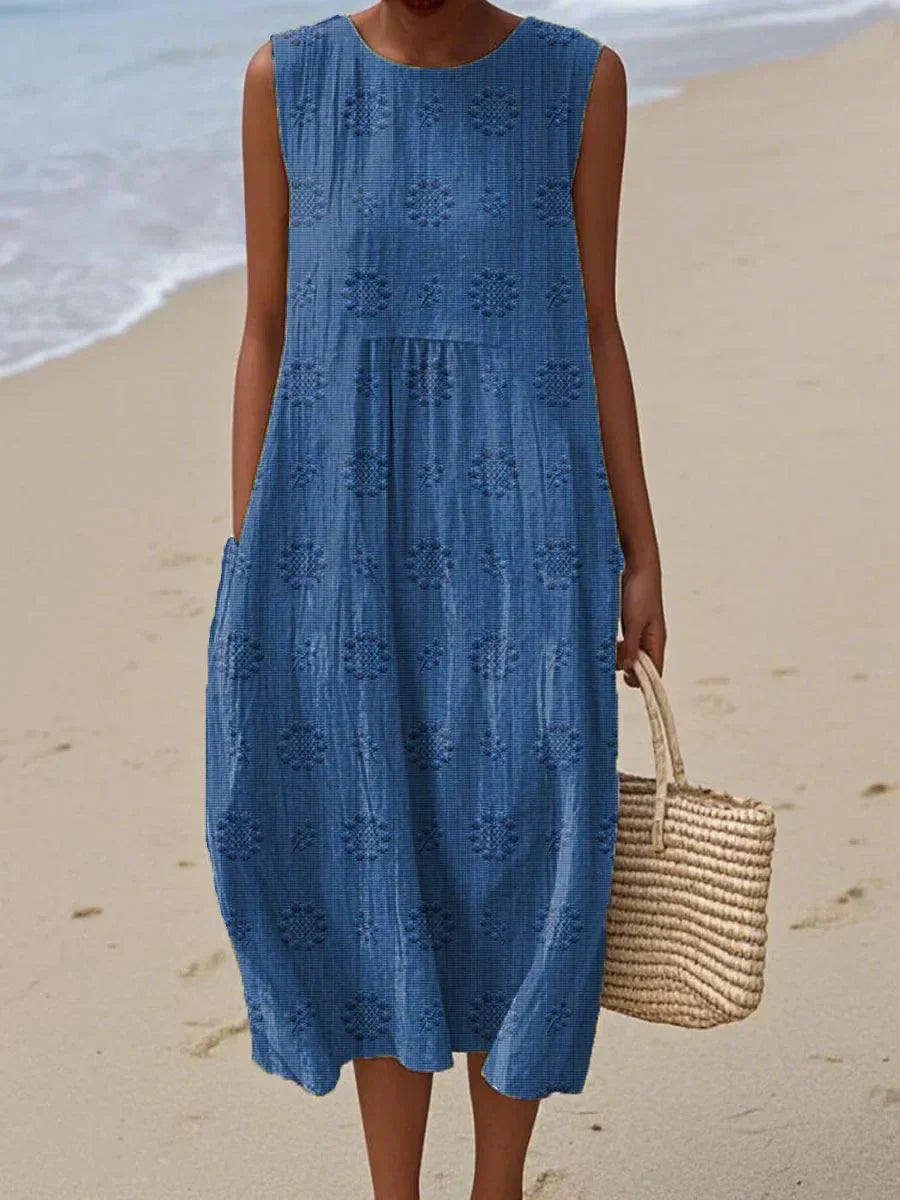 Embroidered Dot Sleeveless Smock Casual Midi Dress