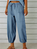 Button Cuff Patch Pocket Drawstring Capri Linen Pant
