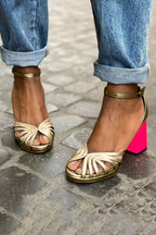 Metallic Twisted Multi Strap Ankle Buckle Contrast Block Heel Sandal