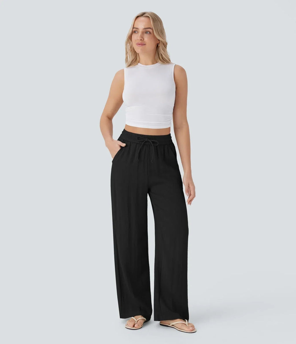 Smocked High Waist Drawstring Wide Leg Linen Pant