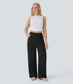 Smocked High Waist Drawstring Wide Leg Linen Pant