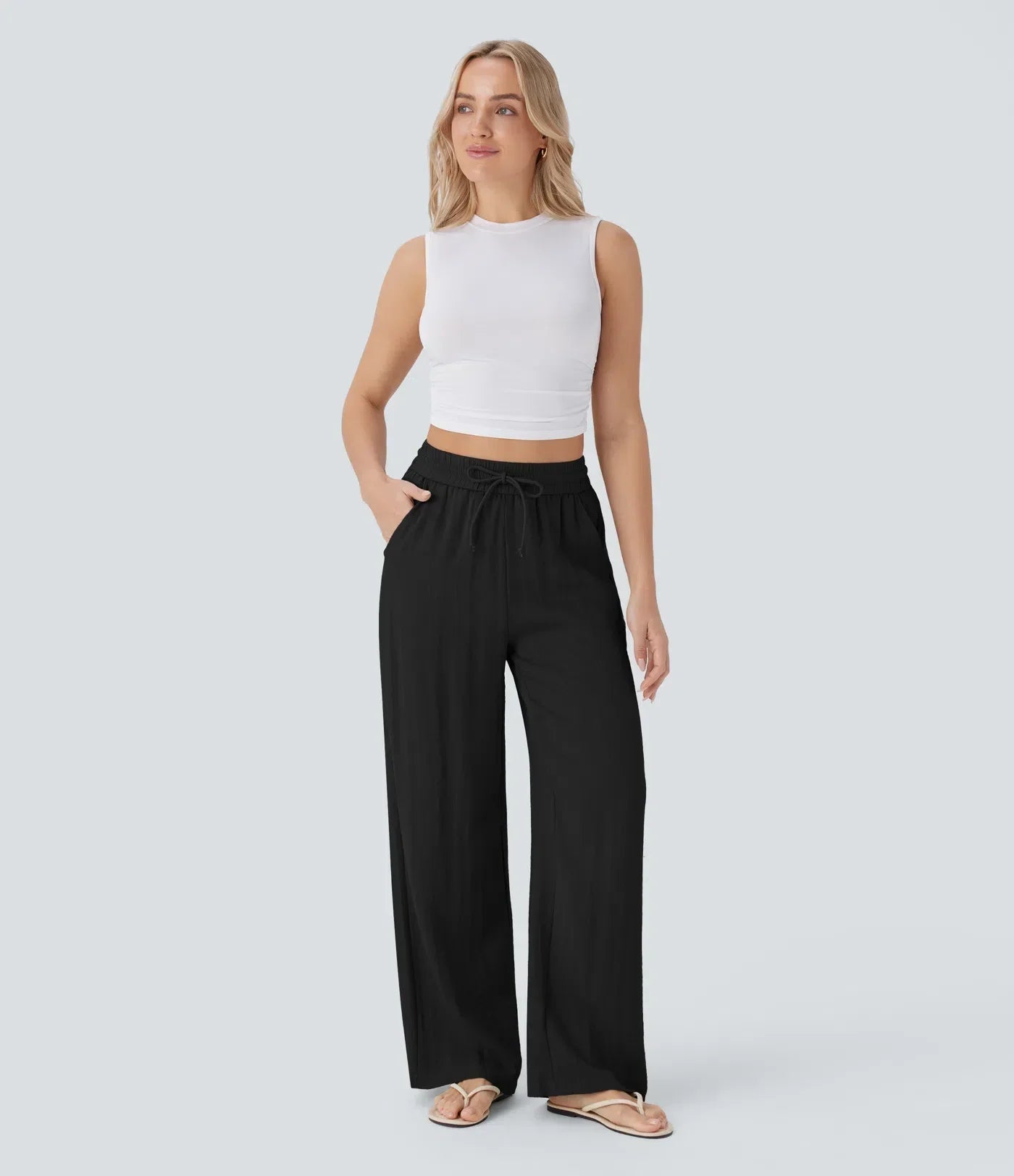 Smocked High Waist Drawstring Wide Leg Linen Pant