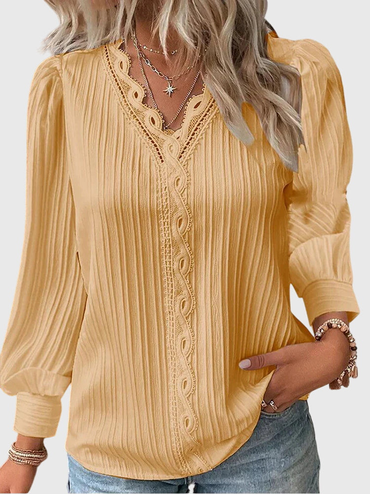 Lace Trim V Neck Textured Puff Sleeve Pullover Blouse