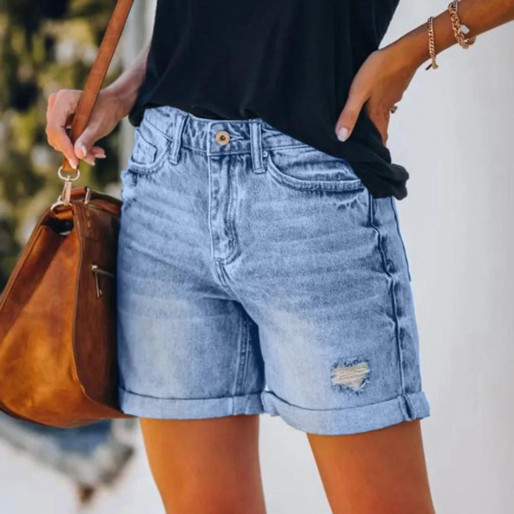 High Waist Distressed Roll Cuff Casual Denim Short