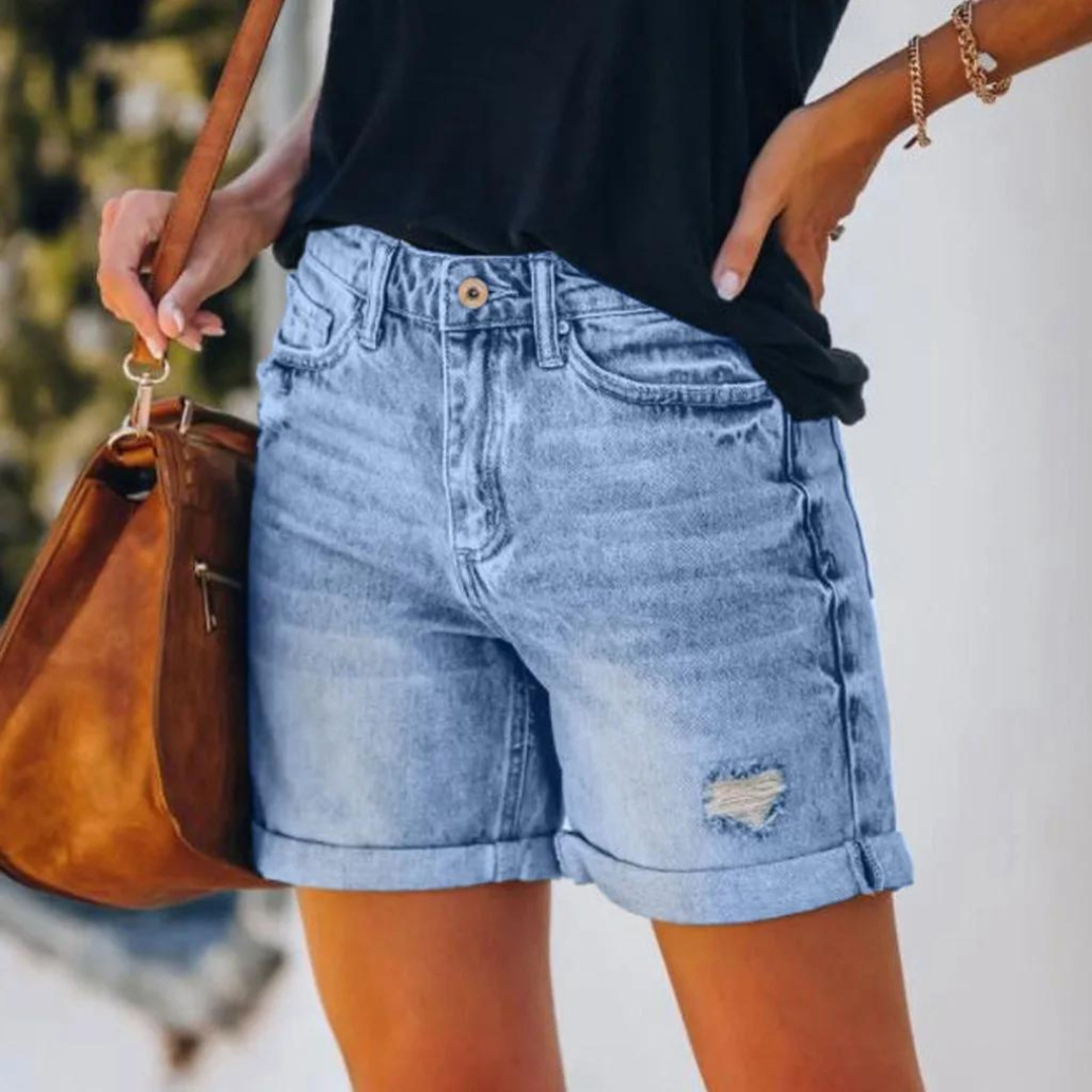 High Waist Distressed Roll Cuff Casual Denim Short