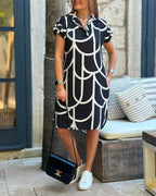 Geometric Scale Print Collared Short Sleeve Casual Shirt Dress