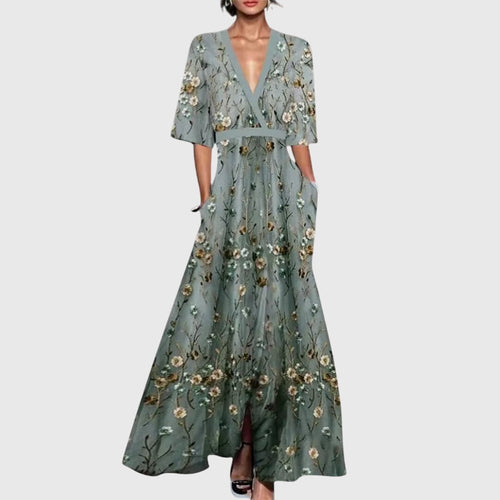 Bold Floral Contrast Trim Deep V-Neck Flowy Maxi Dress
