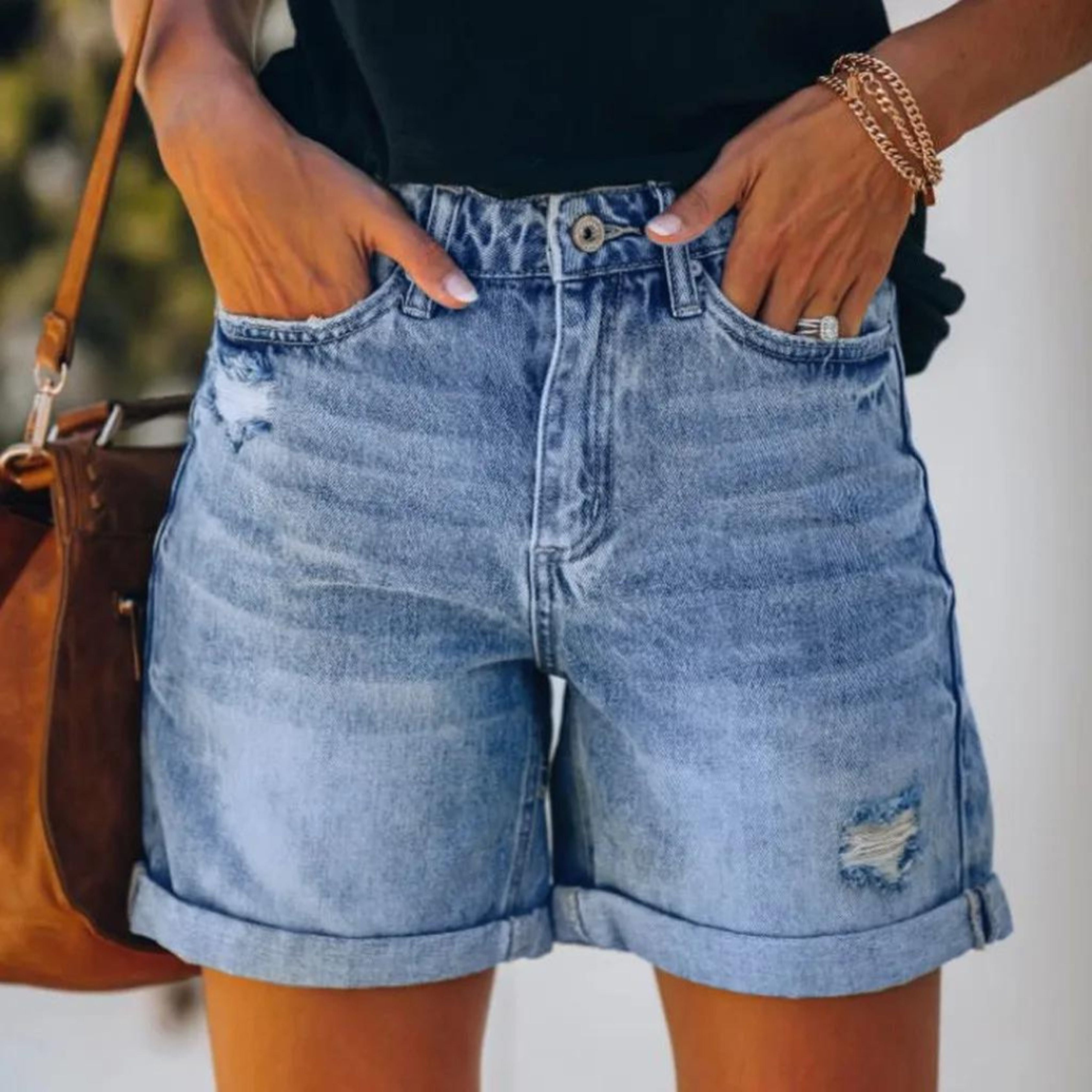 High Waist Distressed Roll Cuff Casual Denim Short