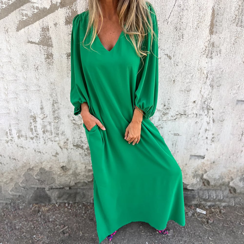 Balloon Sleeve V Neck Pocket Flowy Casual Maxi Dress