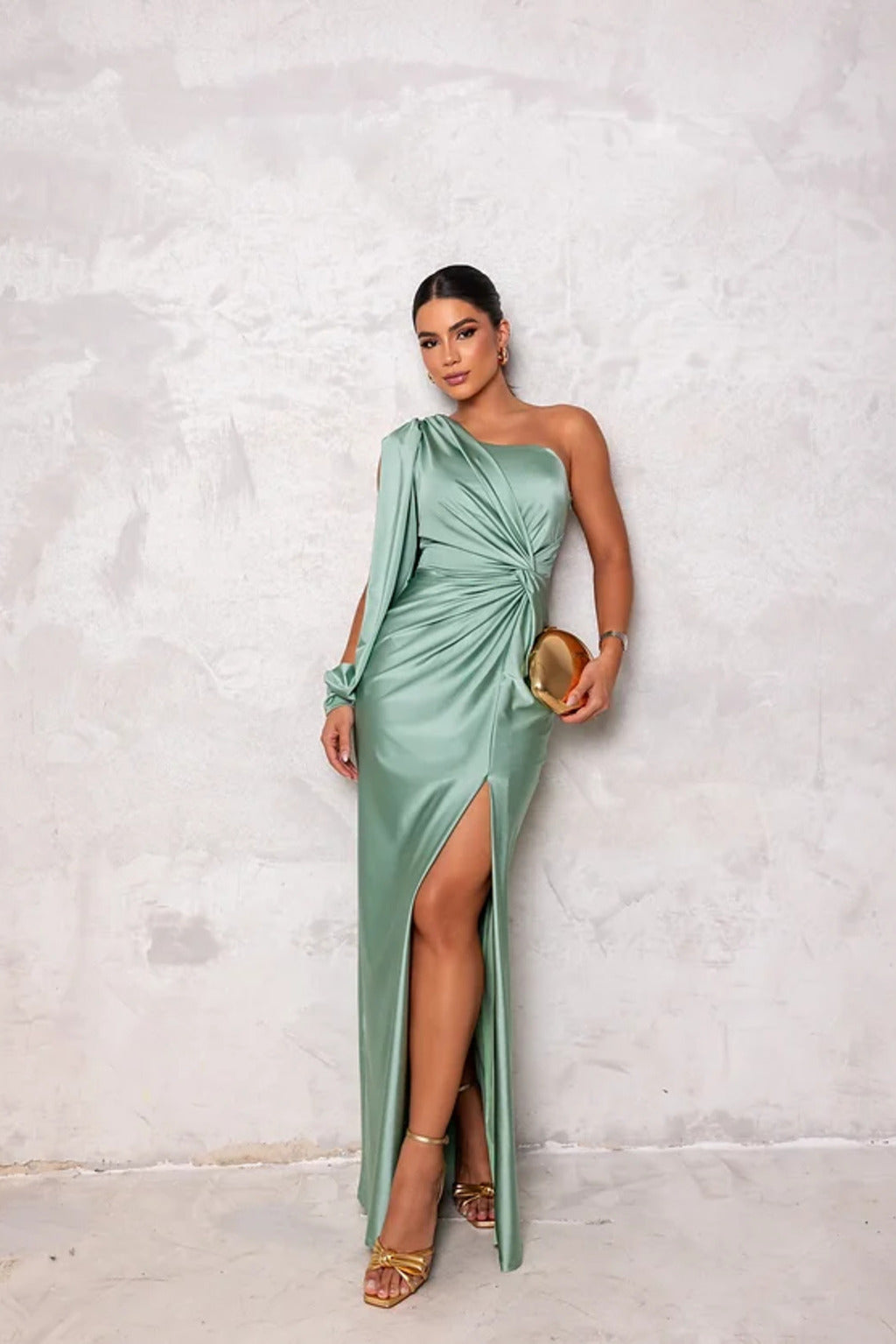 Satin One Shoulder Ruched Split Maxi Dress - Formal Evening Gown