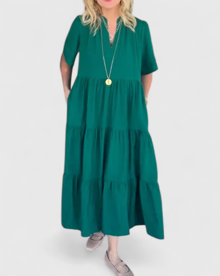 Notch Neck Short Sleeve Tiered Boho Casual Maxi Dress