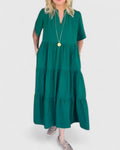 Notch Neck Short Sleeve Tiered Boho Casual Maxi Dress