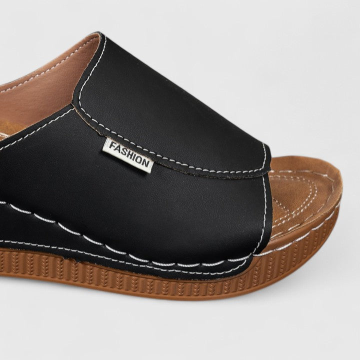 Leather Peep Toe Comfort Wedge Slide Sandal