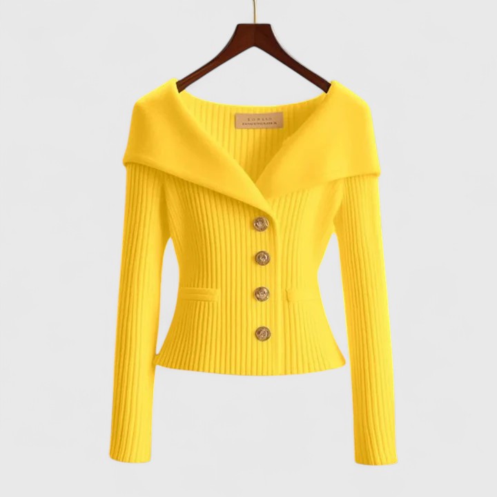 Off Shoulder Fold Collar Gold Button Fitted Ribbed Cardigan