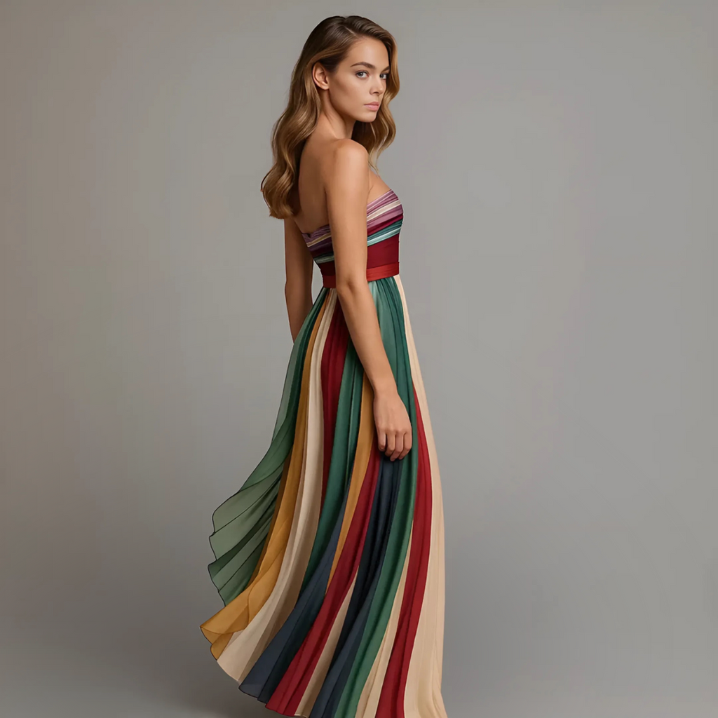 Striped Strapless Pleated Skirt Flowy Maxi Dress - Formal Evening Gown