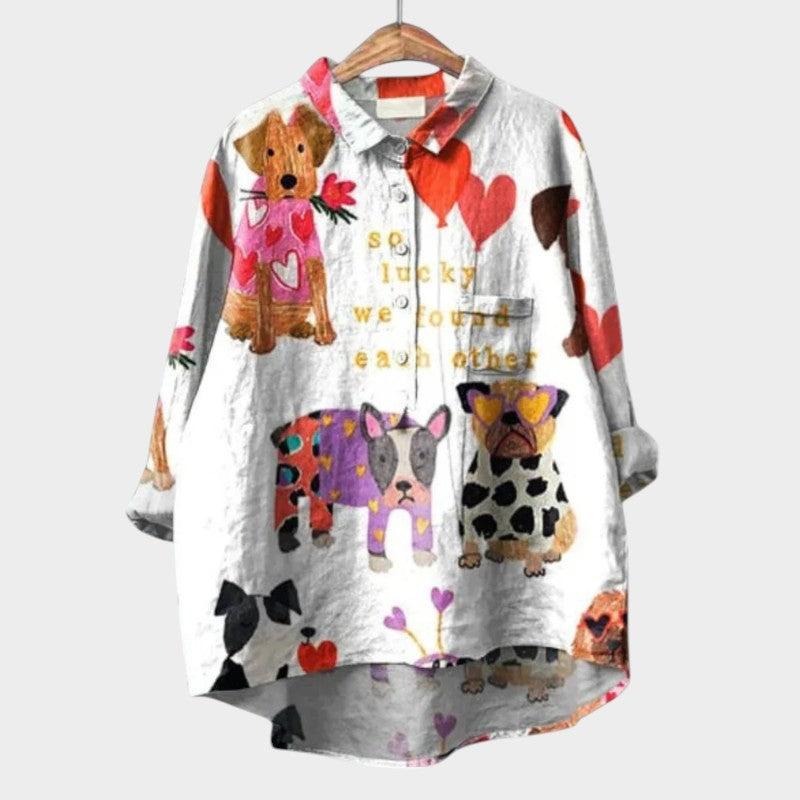Whimsical Dog Print Point Collar Button Down Oversized Linen Shirt