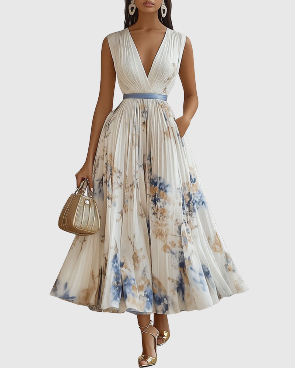 Floral Pleated V-Neck Belted Maxi Dress - Wedding Guest Gown