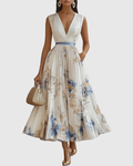 Floral Pleated V-Neck Belted Maxi Dress - Wedding Guest Gown