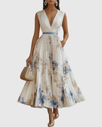Floral Pleated V-Neck Belted Maxi Dress - Wedding Guest Gown