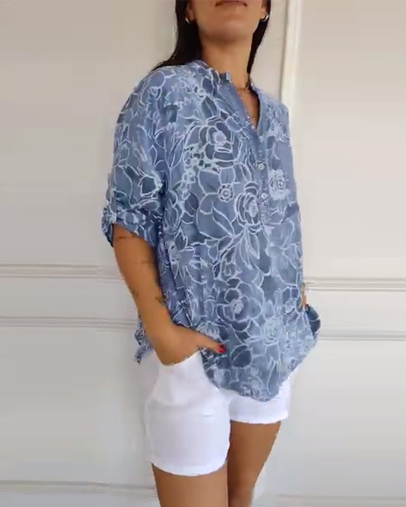 Floral Print V-Neck Half Sleeve Casual Blouse