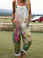 Painterly Floral Print Adjustable Strap Frill Hem Casual Jumpsuit