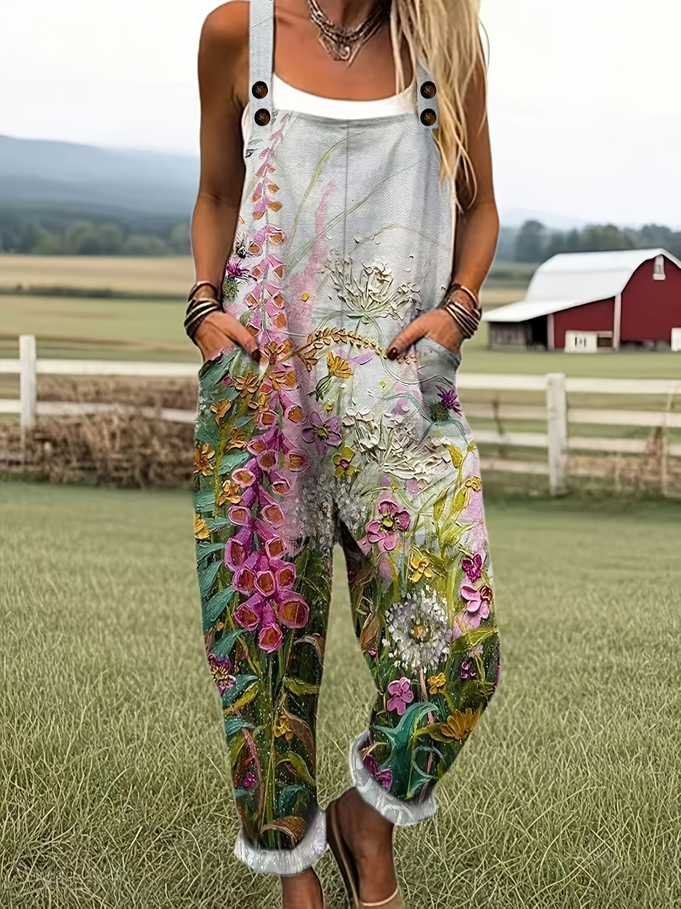 Painterly Floral Print Adjustable Strap Frill Hem Casual Jumpsuit