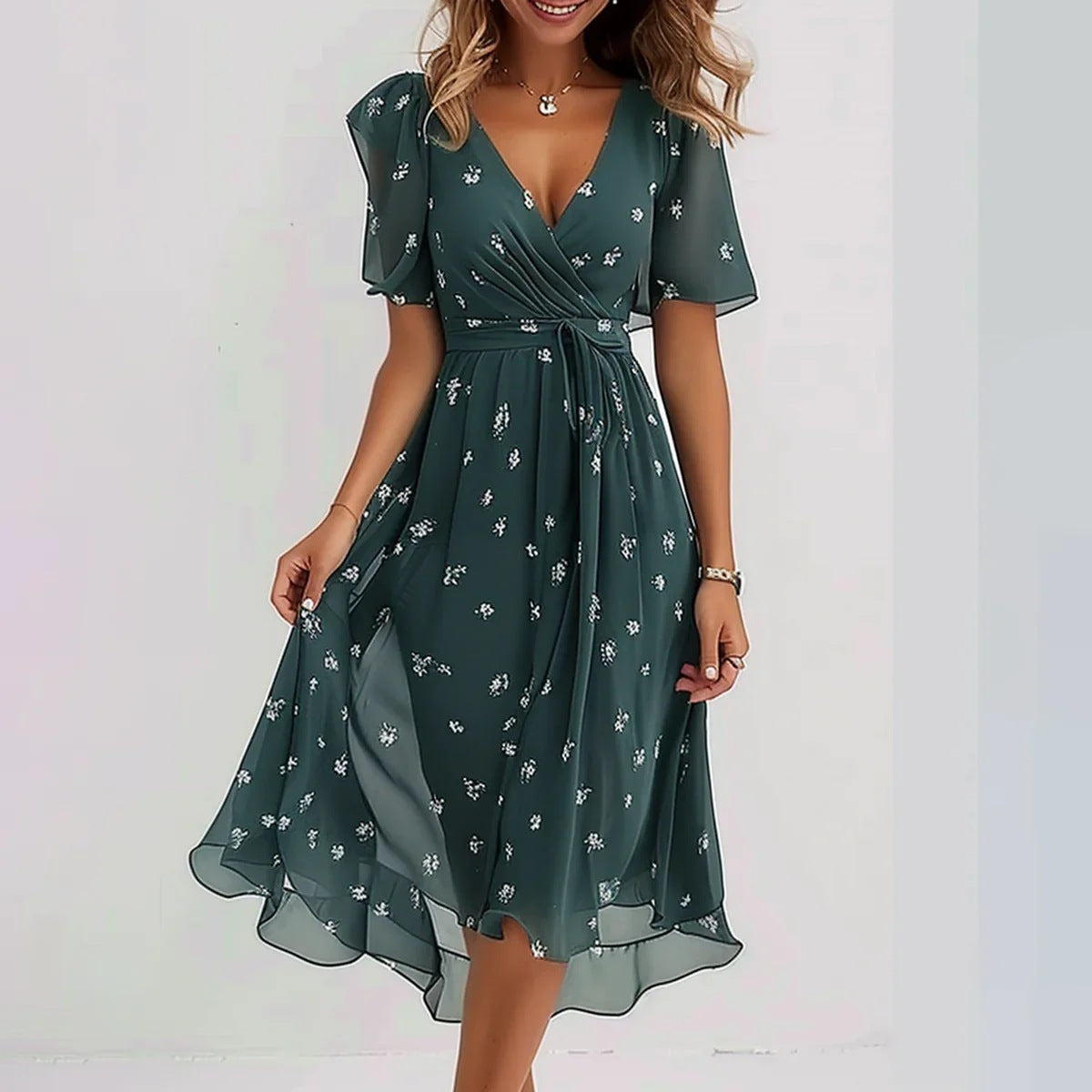 Floral Abstract V Neck Flutter Sleeve Midi Dress