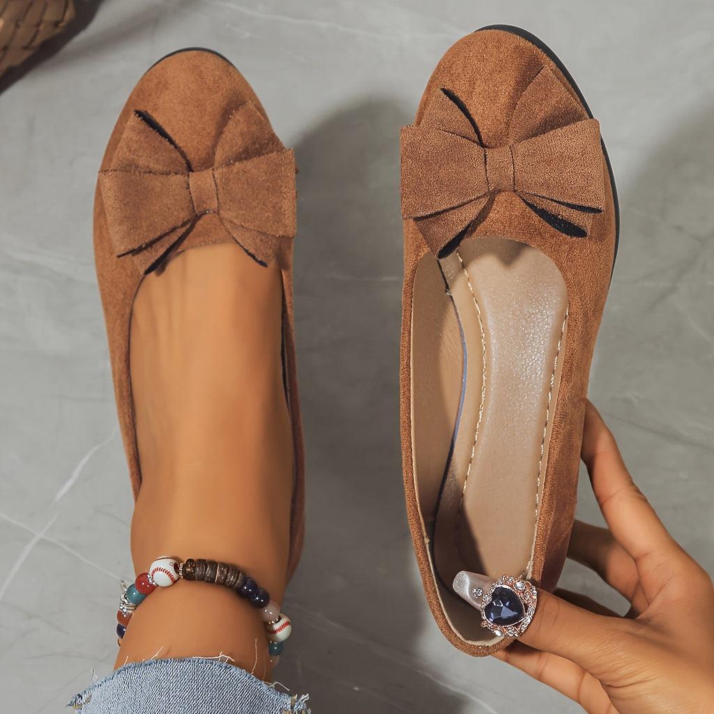 Suede Bow Detail Round Toe Slip On Wedge Ballet Flats