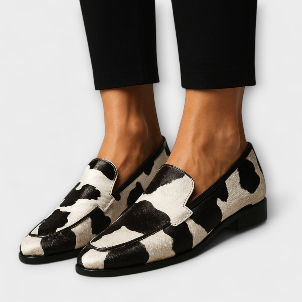 Cow Print Pointed Toe Block Heel Slip On Casual Loafer