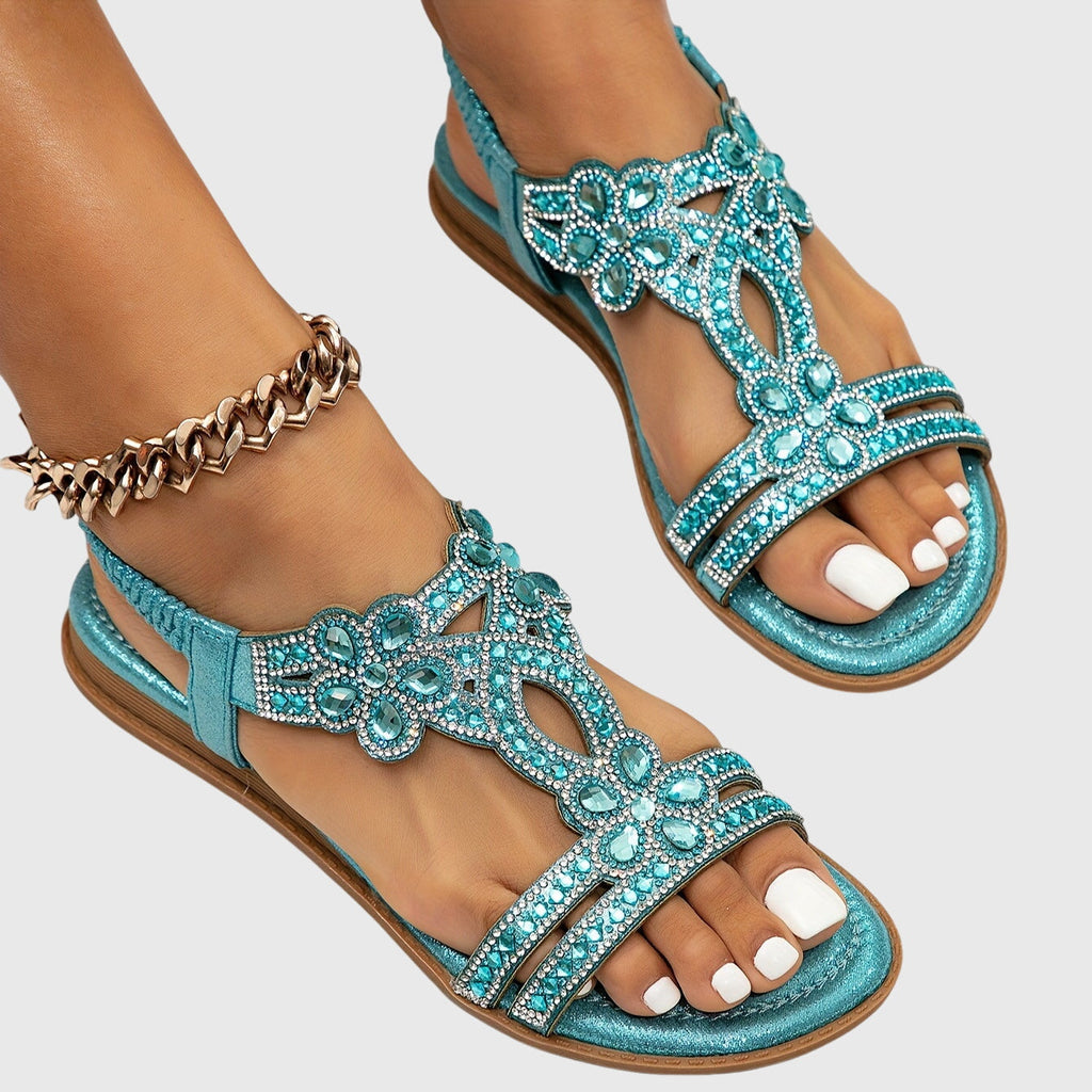Rhinestone Embellished Cut Out Velcro Flat Sandal