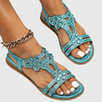 Rhinestone Embellished Cut Out Velcro Flat Sandal