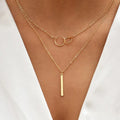 Interlocking Circle and Bar Pendant Layered Gold Tone Necklace Set