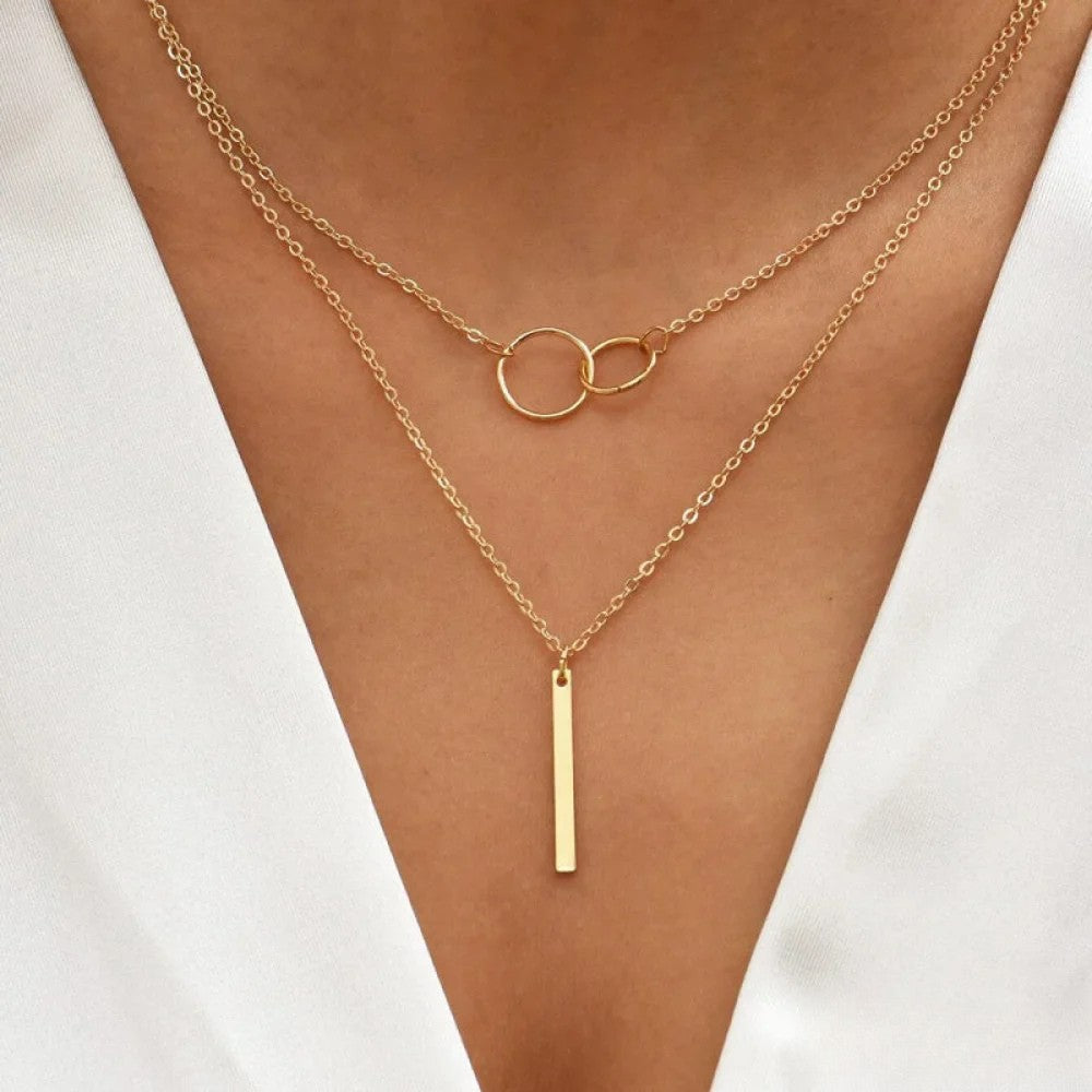 Interlocking Circle and Bar Pendant Layered Gold Tone Necklace Set