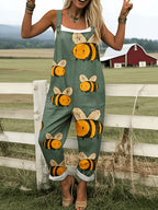 Oversized Bee Print Adjustable Strap Roll Cuff Casual Jumpsuit
