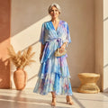 Watercolour Tiered Chiffon V Neck Flowy Maxi Dresses