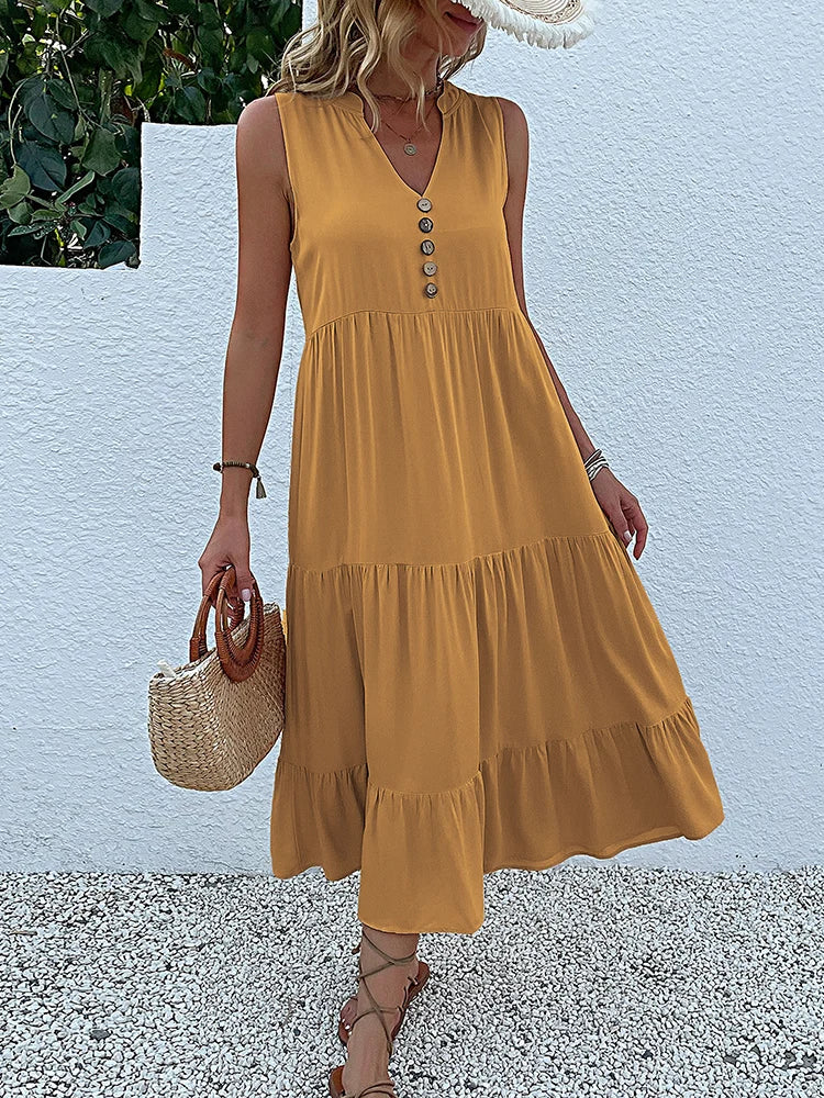 Sleeveless Button Front Tiered Casual Maxi Dresses