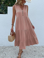 Sleeveless Button Front Tiered Casual Maxi Dresses