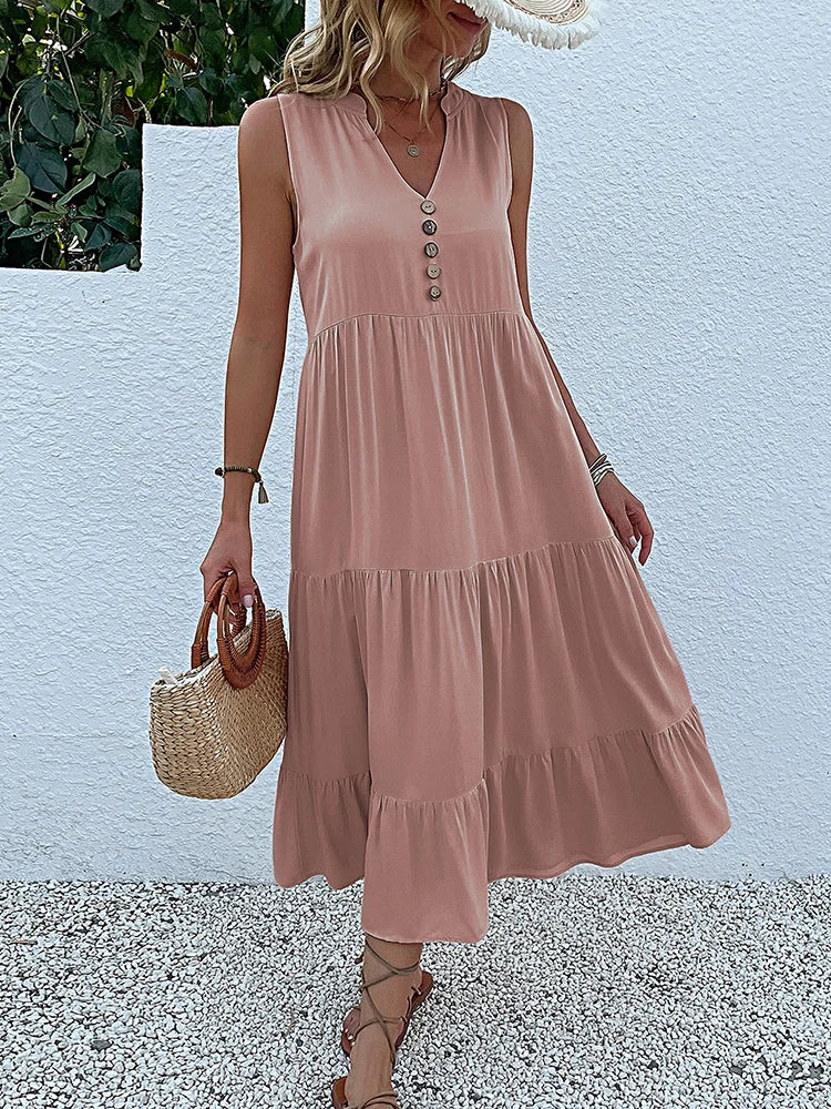 Sleeveless Button Front Tiered Casual Maxi Dresses