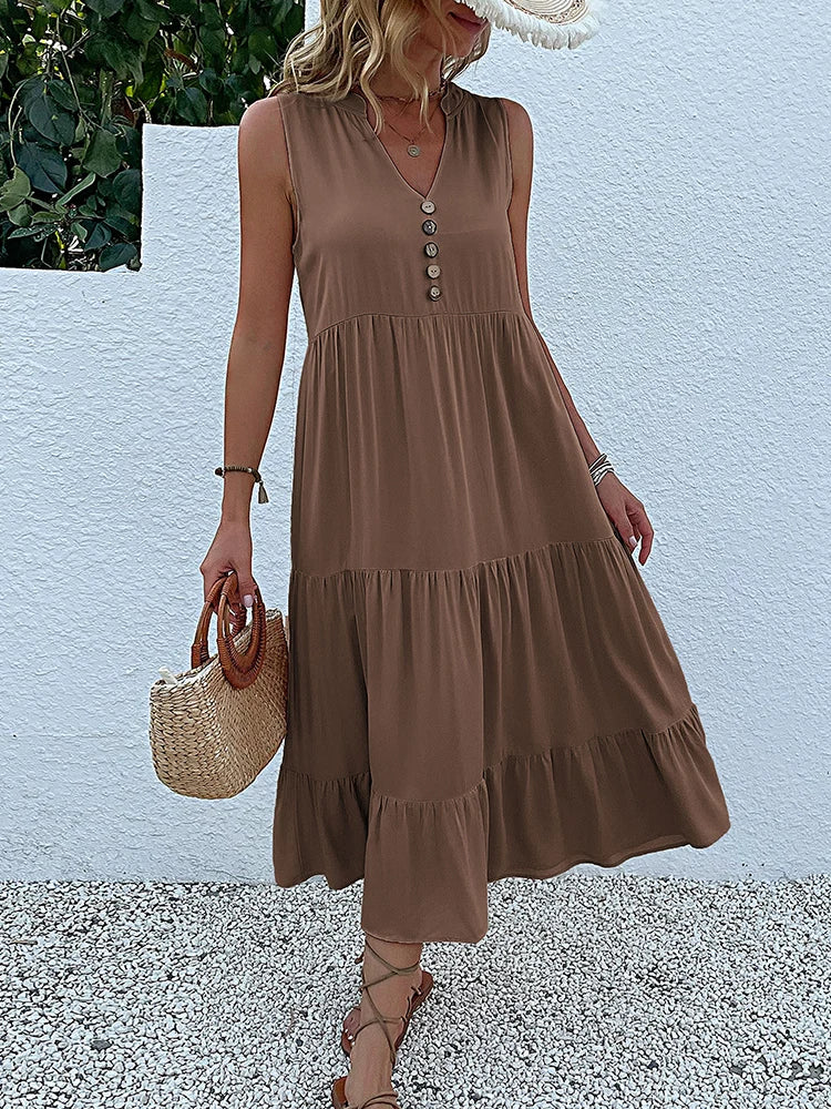 Sleeveless Button Front Tiered Casual Maxi Dresses