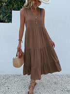 Sleeveless Button Front Tiered Casual Maxi Dresses