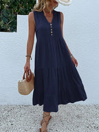 Sleeveless Button Front Tiered Casual Maxi Dresses